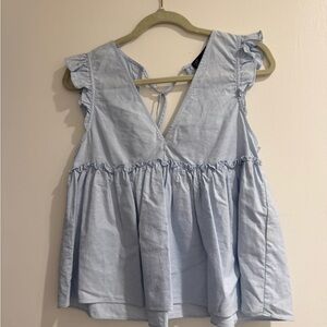 Zara Light Blue Ruffle V-Neck Blouse